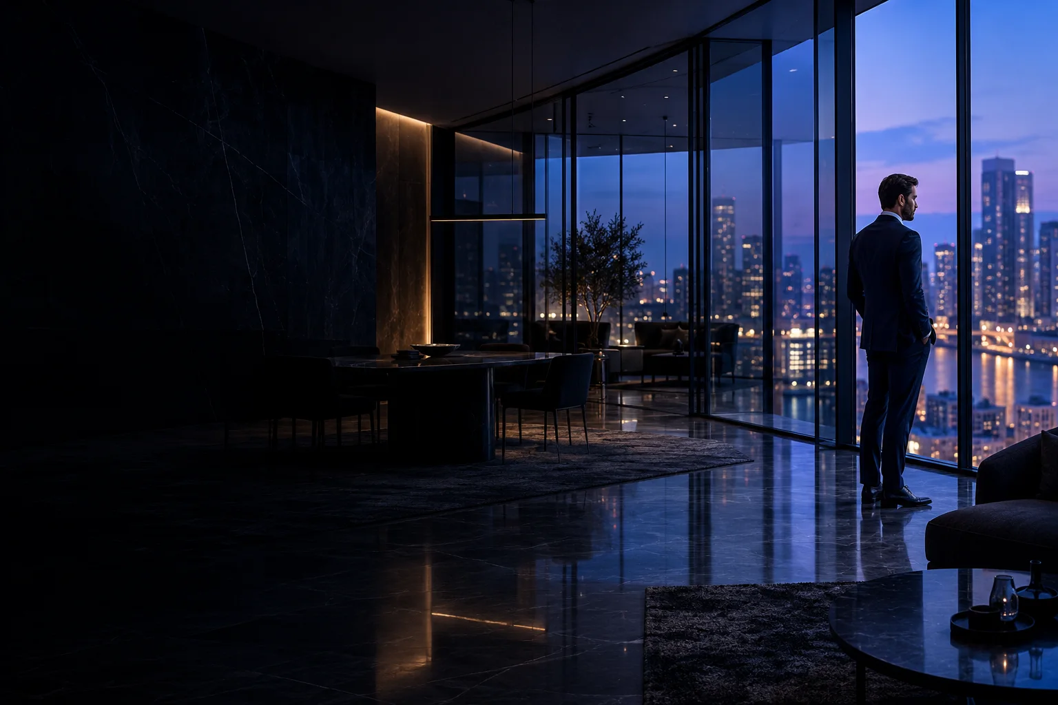 Escritório com vista para a cidade ao entardecer